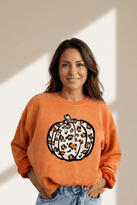 Women's Orange Corded Leopard Pumpkin Sweatshirt for Fall