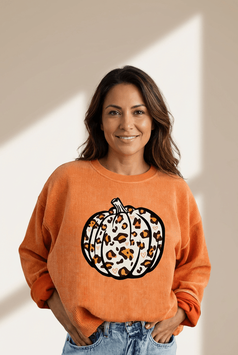Women's Orange Corded Leopard Pumpkin Sweatshirt for Fall