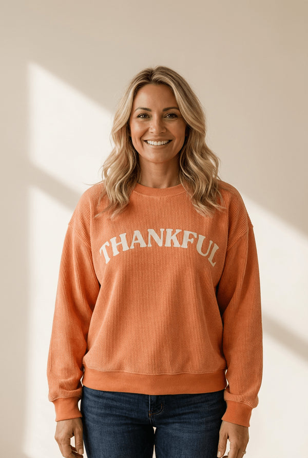 Women's Orange Corded \"Thankful\" Graphic Sweatshirt