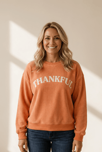 Women's Orange Corded \"Thankful\" Graphic Sweatshirt