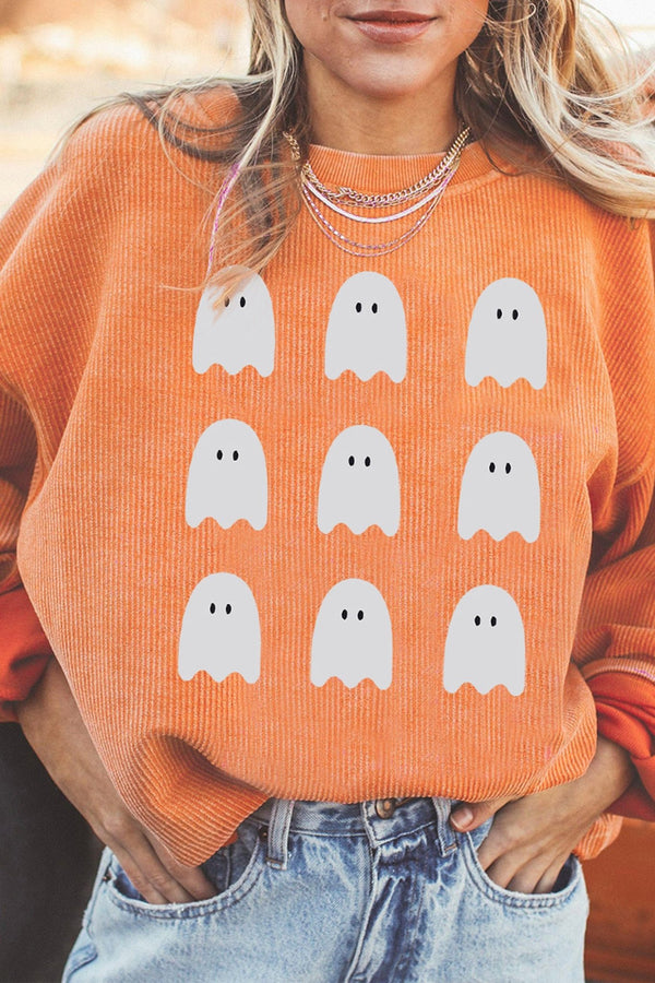 Women's Orange Halloween Ghost Print Pullover Sweatshirt