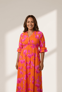 Women's Orange Poppy Print Smocked Maxi Dress with Ruffle Sleeves