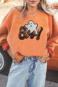Women's Orange Sequin Ghost Graphic Halloween Sweatshirt