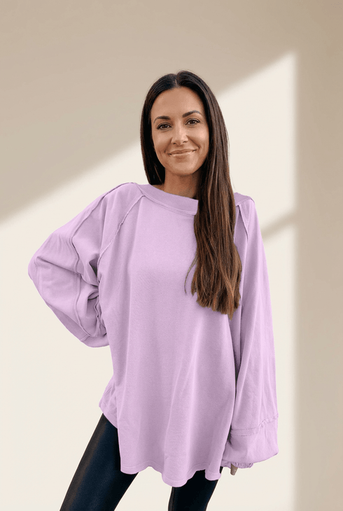 Women's Orchid Cotton-Blend Oversized Pullover with Raw-Edge Seaming