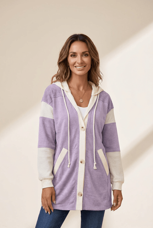 Women's Orchid Petal Color-Block Waffle Knit Button-Front Hoodie