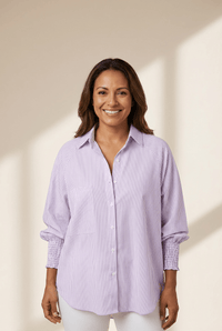 Women's Orchid Petal Striped Loose Fit Blouse with Shirred Cuffs