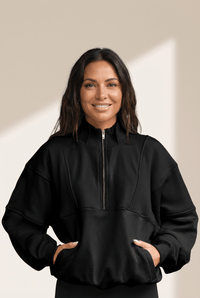 Women's Oversized Black Half-Zip Sweatshirt with Ribbed Texture