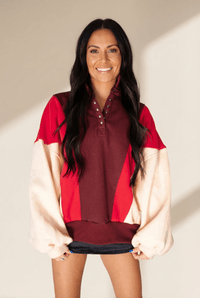 Women's Oversized Color Block Henley Sweatshirt in Crimson
