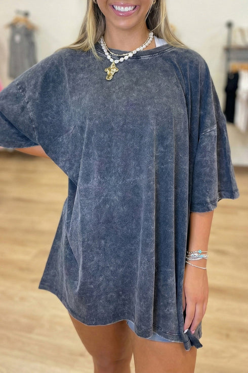 Women's Women’s Oversized Dark Grey Mineral Wash Cotton Tee - Relaxed Fit Casual Top for Effortless Everyday Style