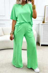 Women's Oversized Green Tee and Wide-Leg Seam Pant Set