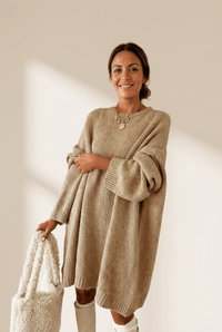 Women's Oversized Knit Mini Sweater Dress in Pale Khaki