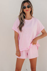 Women's Oversized Pink Stripe Tee and Drawstring Shorts Set - Stylish Casual Summer Loungewear for Ultimate Comfort