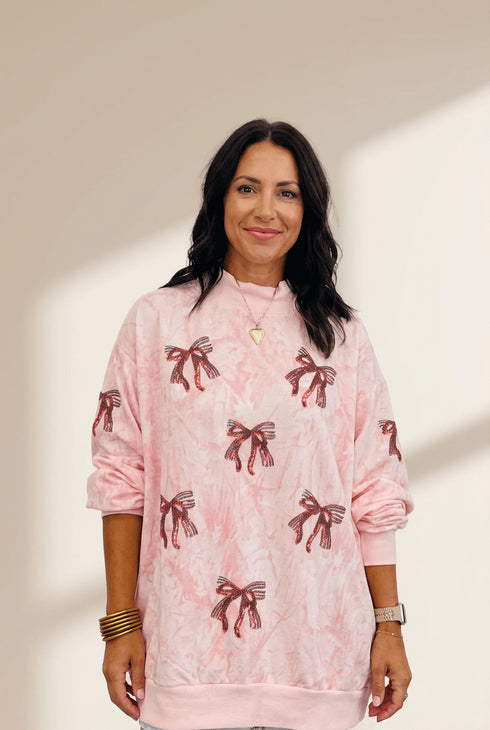 Women's Oversized Pink Tie-Dye Sequin Bow Sweatshirt