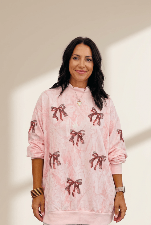 Women's Oversized Pink Tie-Dye Sequin Bow Sweatshirt