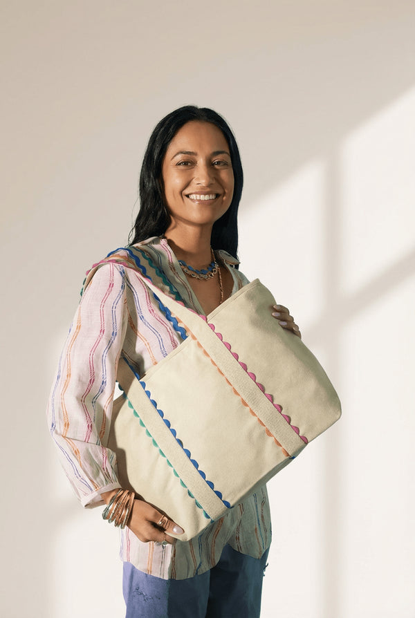 Women's Oversized Ricrac Trim Canvas Tote Bag in Natural White