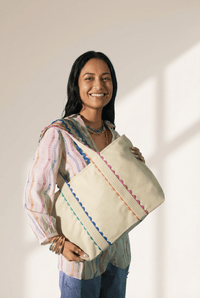 Women's Oversized Ricrac Trim Canvas Tote Bag in Natural White