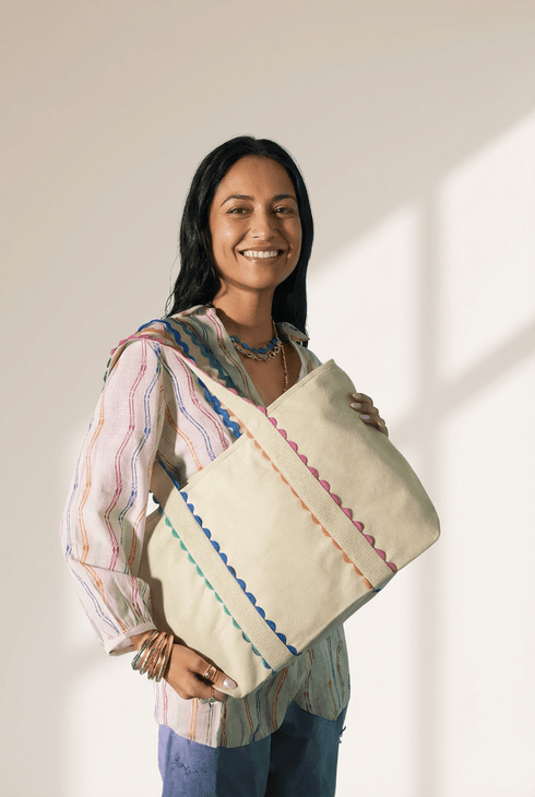 Women's Oversized Ricrac Trim Canvas Tote Bag in Natural White