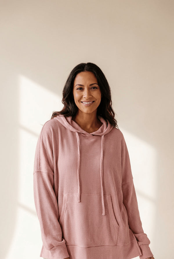 Women's Oversized Rose Waffle Knit Fleece Hoodie with High-Low Hem