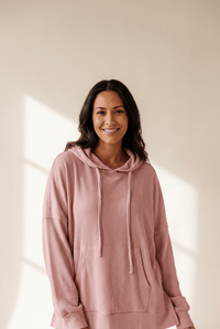 Women's Oversized Rose Waffle Knit Fleece Hoodie with High-Low Hem