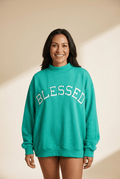 Women's Oversized Sea Green 'Blessed' Mock Neck Sweatshirt