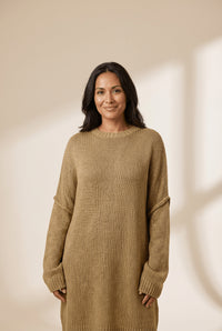 Women's Pale Khaki Oversized Knit Sweater Dress with Exposed Seams