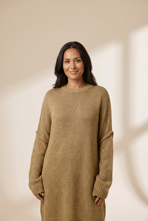 Women's Pale Khaki Oversized Knit Sweater Dress with Exposed Seams