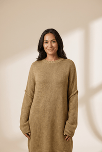 Women's Pale Khaki Oversized Knit Sweater Dress with Exposed Seams