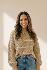 Women's Pale Khaki Textured Puff Sleeve Crew Neck Sweater