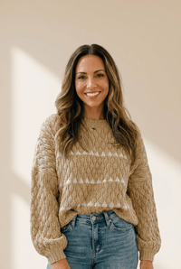 Women's Pale Khaki Textured Puff Sleeve Crew Neck Sweater