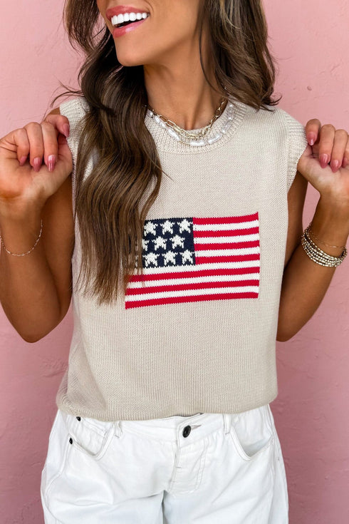 Women's Parchment American Flag Sleeveless Knit Sweater - Casual Summer Top with Patriotic Style