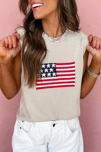 Women's Parchment American Flag Sleeveless Knit Sweater - Casual Summer Top with Patriotic Style
