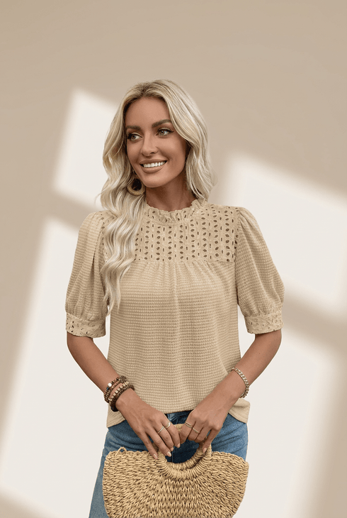 Women's Parchment Eyelet Knit Blouse with Ruffled Neck