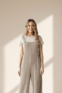 Women's Parchment Ribbed Knit Wide Leg Overalls with Pockets