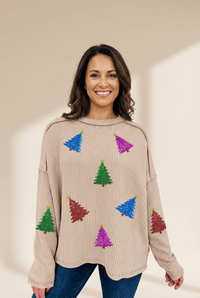 Women's Parchment Ribbed Sequin Christmas Tree Graphic Sweatshirt