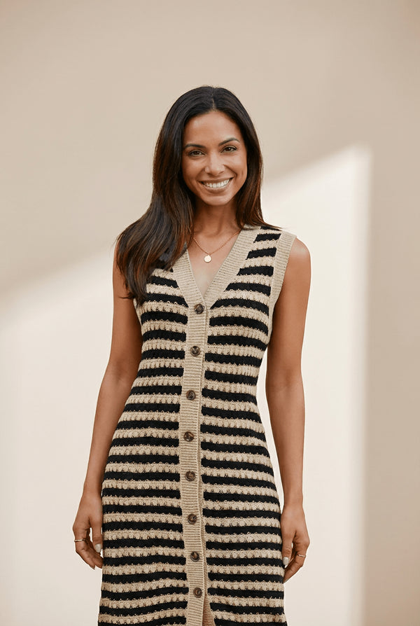 Women's Parchment Striped Knit Midi Dress with Tortoise Buttons