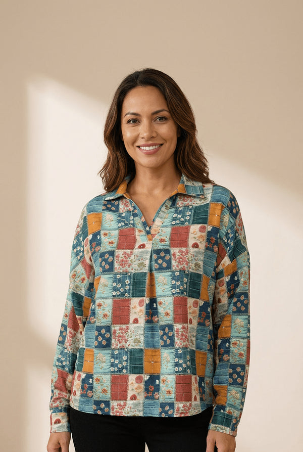 Women's Patchwork Floral Print Long Sleeve V-Neck Blouse