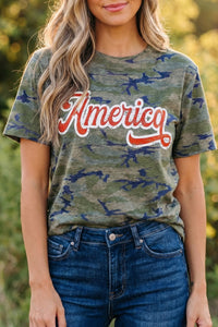 Women's Patriotic Camouflage Tee - Trendy Multicolor American Flag Graphic T-Shirt for Casual Everyday Style