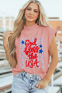 Women's Patriotic Pink Floral High Neck Top - Stylish Short Sleeve Summer Tee for Casual Outings and Celebrations