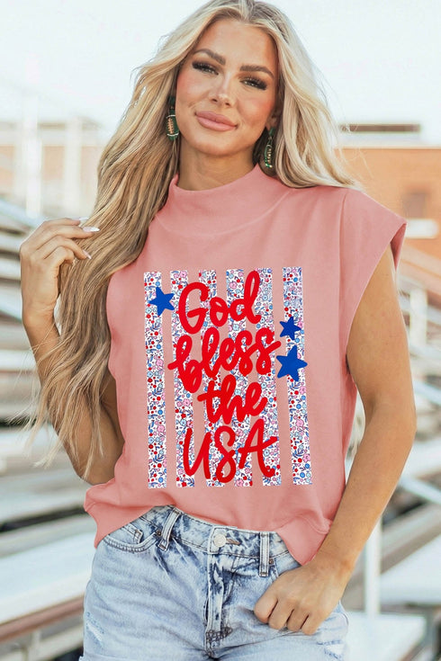 Women's Patriotic Pink Floral High Neck Top - Stylish Short Sleeve Summer Tee for Casual Outings and Celebrations