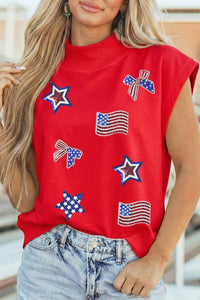 Women's Patriotic Racing Red Sequin Graphic High Neck Tee - Trendy Short Sleeve Top for a Standout Look