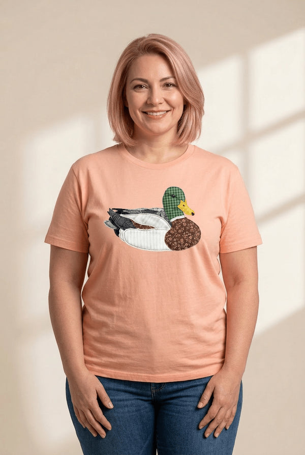 Women's Peach Faux Quilted Mallard Duck Graphic Tee