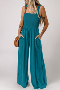 Women's Peacock Blue Smocked Square Neck Sleeveless Jumpsuit with Pockets - Stylish, Comfortable, and Chic Outfit