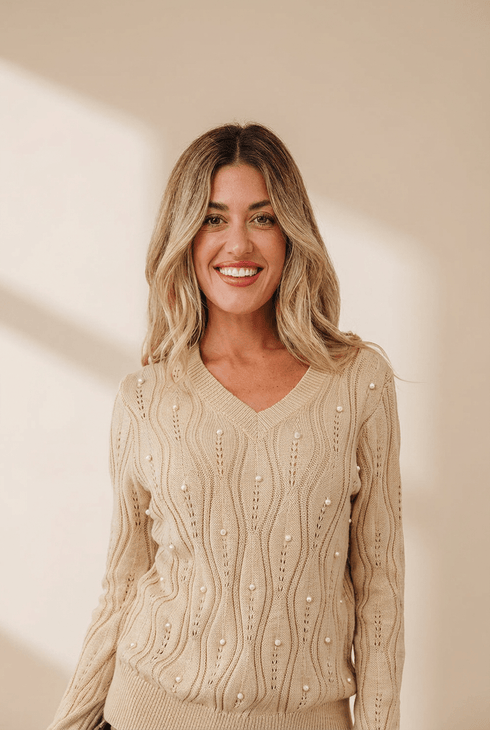 Women's Pearl-Embellished Pointelle Knit V-Neck Sweater