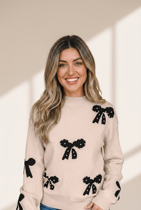 Women's Pearl-Studded Bow Intarsia Knit Sweater in Champagne