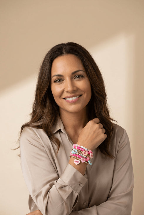 Women's Pink and Gold PMMA Heart Charm Stackable Bracelet Set with practical styling and dependable silhouette control.