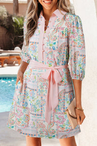 Women's Pink Boho Floral Mini Dress with Color Block Trim & Belted Waist - Effortless Style for Summer Outings