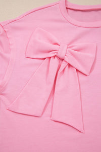 Pink Solid Color Raw Edge Bow Patch Loose T Shirt