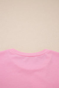 Pink Solid Color Raw Edge Bow Patch Loose T Shirt