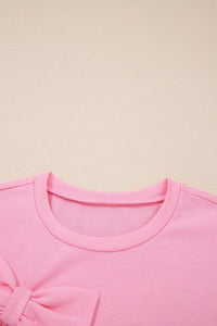 Pink Solid Color Raw Edge Bow Patch Loose T Shirt