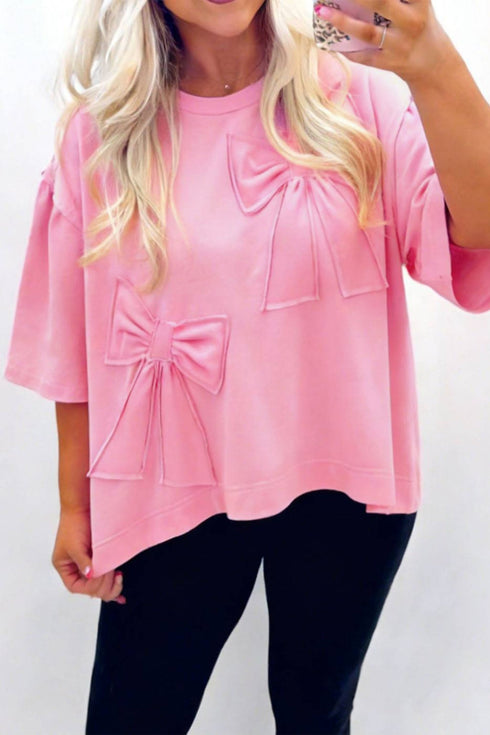 Women's Pink Bow Patch Loose-Fit T-Shirt with Raw Edge Detail - Casual Chic Top for Effortless Everyday Style